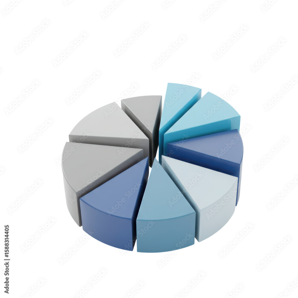 Obraz premium Exploded 3 D Pie Chart with Blue and Gray Slices data