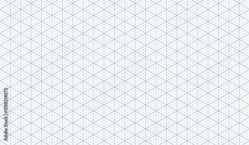 Grid isometric background with blue lines. Isometric grid seamless triangle pattern. Checkered ruler for notebooks, technical or architectural drawings. Vector pattern on white background