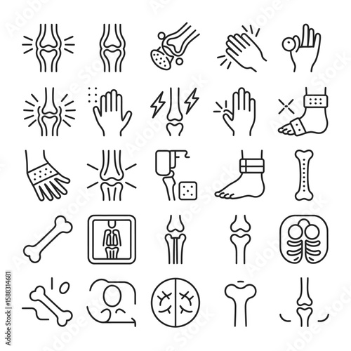Collection of Black and White Line Art Icons Depicting Joint Pain Treatments Injuries and X Ray Images of Bones Knees and Feet Showing Various Symptoms such as Inflammation