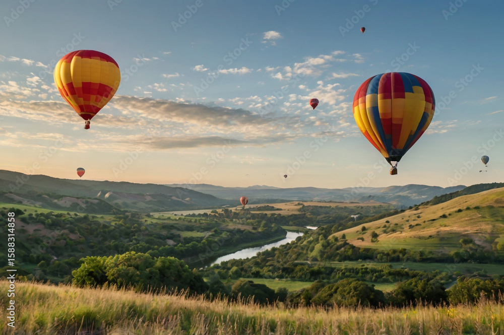 Obraz premium Colorful hot air balloons drift over rolling hills at sunrise clouds landscape