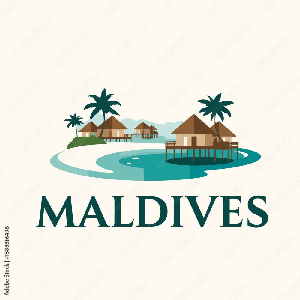custom made wallpaper toronto digitalVector illustration of Maldives with beachfront villas, palm trees, lagoon and sea. Tropical resort in peaceful flat style