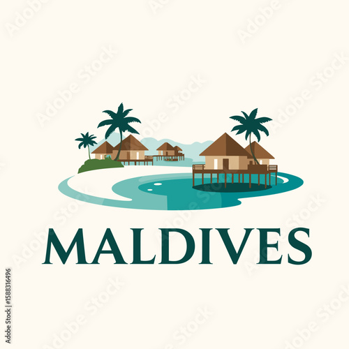 Vector illustration of Maldives with beachfront villas, palm trees, lagoon and sea. Tropical resort in peaceful flat style