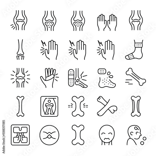 Collection of Black Line Icons Depicting Bone Fractures Joint Pain Hand Injuries Ankle Sprains and X Ray Images Showing Skeletal Injuries