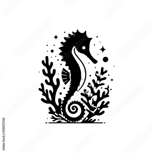 A seahorse with a glittery tail wrapped around coral 