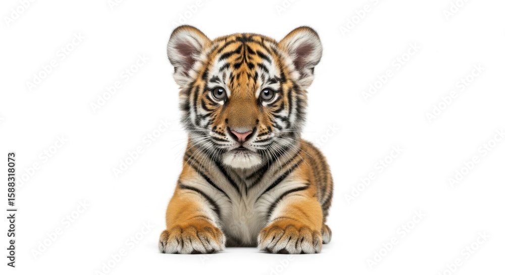 Obraz premium Adorable tiger cub front view with striking orange and black fur