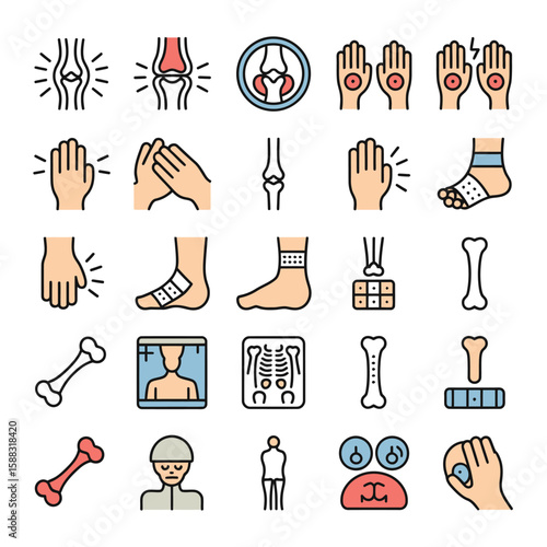 Colorful Line Art Icons Set Illustrating Various Bone Joint Pains Injuries and Medical X Ray Images Featuring Hands Feet Knees and Bones in Red Blue and Beige Tones