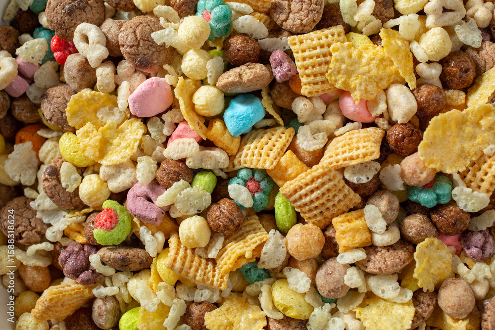 A top down view of a layer of mixed popular cereals. A top down view of a layer of mixed popular cereals.
