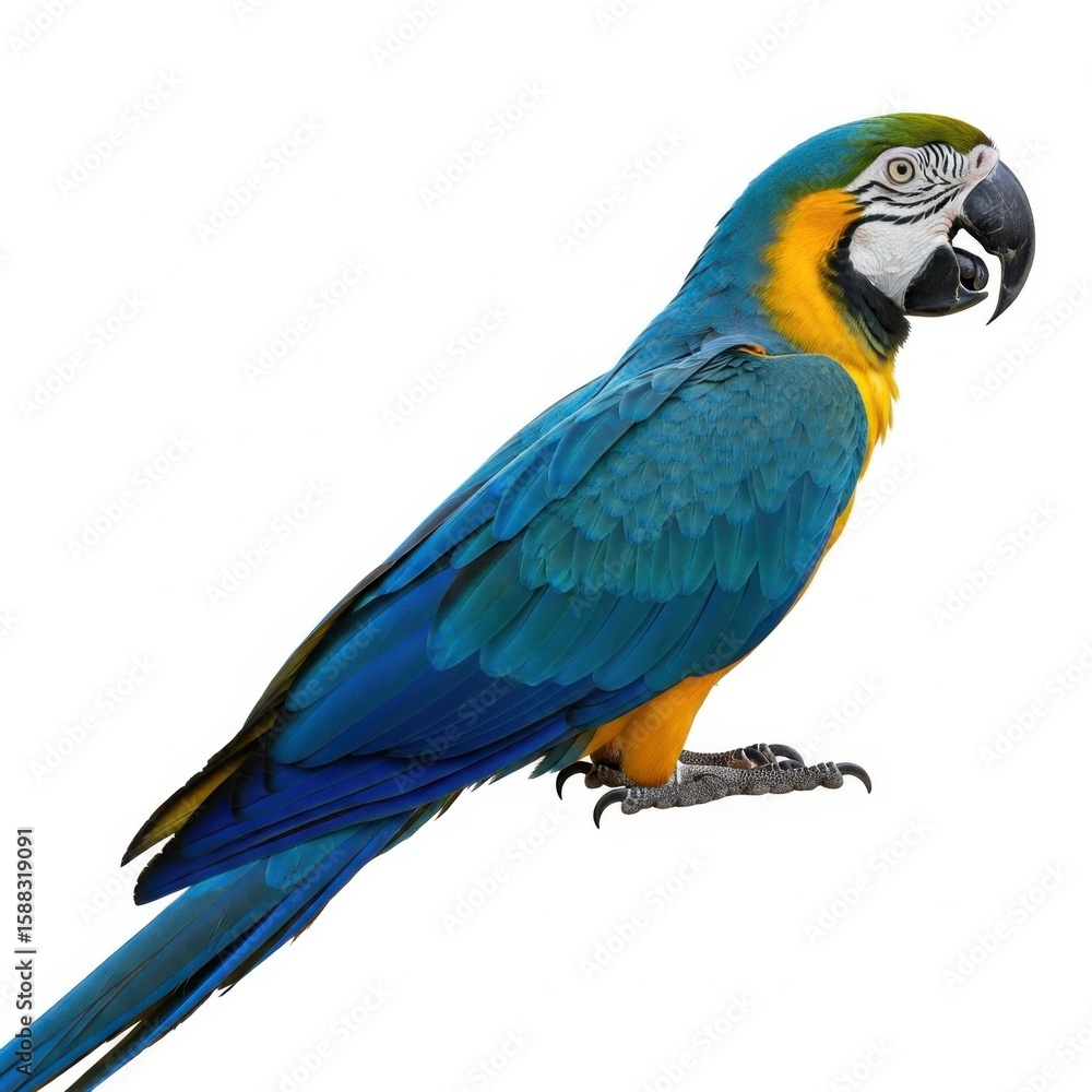 Fototapeta premium Vibrant blue and yellow macaw parrot isolated on a white background