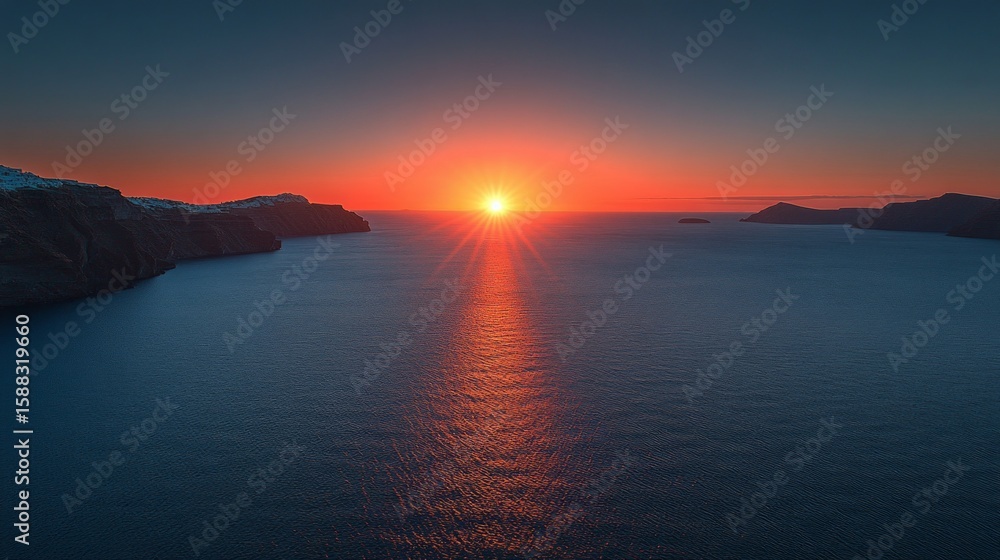 Fototapeta premium Sunset over the sea with sun rays reflecting on the water, tranquility and beauty of nature. Travel, recreation, nature. In topics related to travel, recreation and nature, 