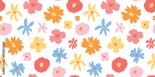 Pretty floral seamless pattern. Juicy summer and spring blossoms. Gentle feminine style. Cute doodle flowers. Childish pastel texture. Botanical background, ornament, wallpaper. Vector.