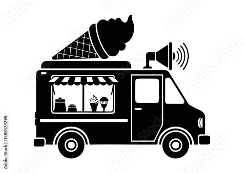 Ice Cream Truck Silhouette Vector Icon with Roof Cone and Loudspeaker – Black SVG for Festival Marketing, Kids Events, and Summer UI Design