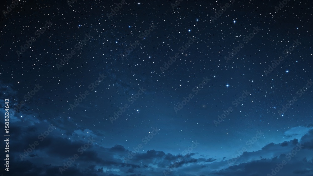 Night sky panorama showcasing a vast expanse of stars scattered across a dark blue canvas, partially obscured by low-lying clouds. Night sky panorama showcasing a vast expanse of stars scattered across a dark blue canvas, partially obscured by low-lying clouds.