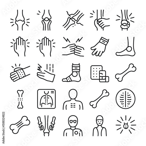 Collection of Black and White Line Art Icons Depicting Various Bone Fractures Injuries Sprains and Related Medical Treatments Including Bandages X Ray Images and Human Figures