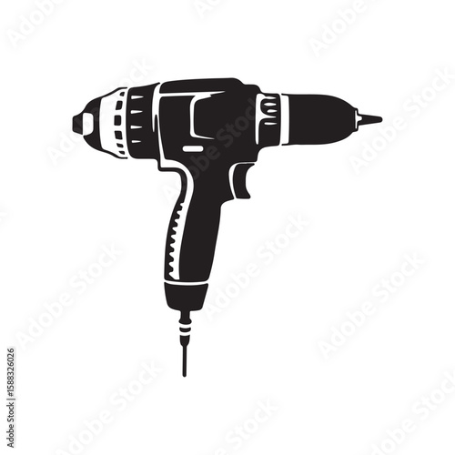 Drill silhouette, Drill silhouette vector illustration with white background, electric drill machine silhouette vector illustration, Electric drill in a minimalist style on a white background