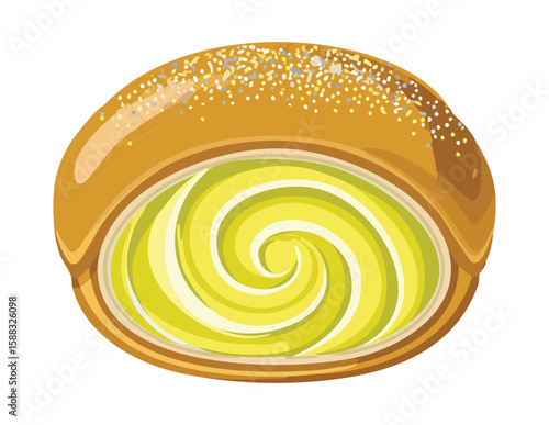 Custard Swirl Baked Bun - Vector Illustration