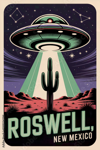 A vibrant travel decal design showcasing a classic
flying saucer hovering above the New Mexico desert, perfectly suited for car bumpers or luggage.