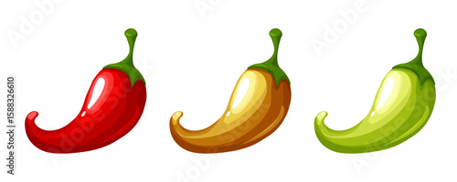 Pepper Spicy chili pepper level scale icon, label. Traditional Mexican, Chinese, asian spicy levels. mild, spicy, hot. Red, orange and green Chili pepper red outline icon