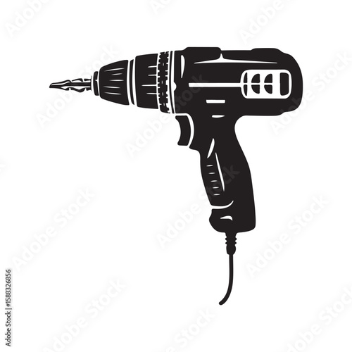 Drill silhouette, Drill silhouette vector illustration with white background, electric drill machine silhouette vector illustration, Electric drill in a minimalist style on a white background