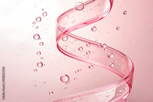 Abstract pink spiral helix with water bubbles. Represents a cosmetic serum, skincare ingredient, or hyaluronic acid for hydration and beauty science generative ai