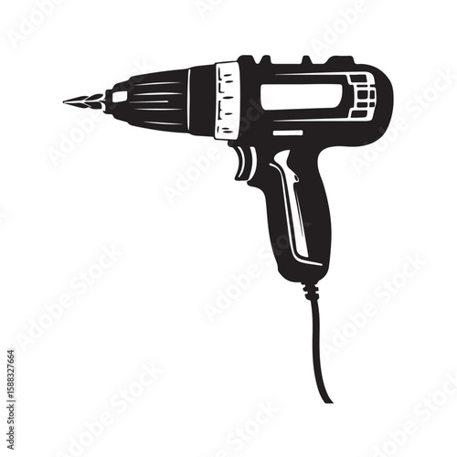 Drill silhouette, Drill silhouette vector illustration with white background, electric drill machine silhouette vector illustration, Electric drill in a minimalist style on a white background