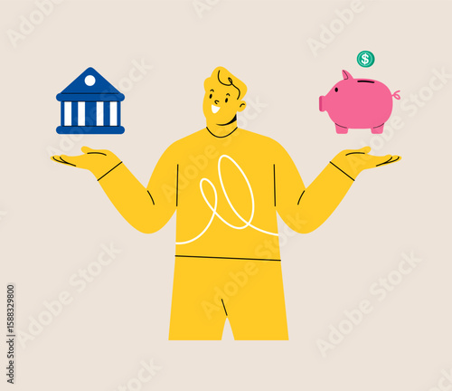Man choosing between bank and piggybank. Colorful vector illustration