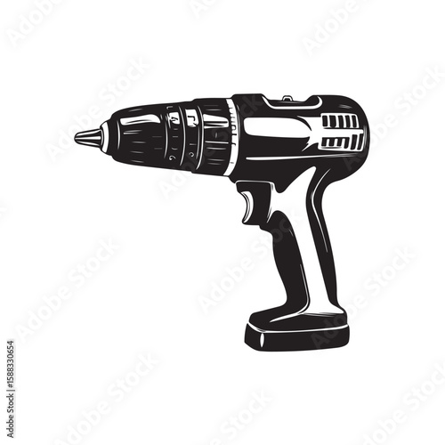 Drill silhouette, Drill silhouette vector illustration with white background, electric drill machine silhouette vector illustration, Electric drill in a minimalist style on a white background