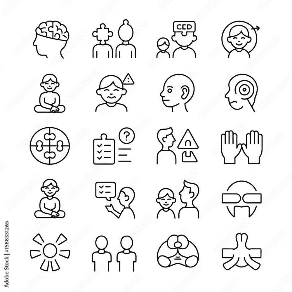 Fototapeta premium Collection of Twenty Five Black Line Icons Depicting Neurological Conditions Cognitive Processes and Therapeutic Interventions Including Brain Diagrams Puzzle Pieces Checklist