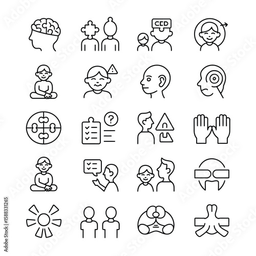 Collection of Twenty Five Black Line Icons Depicting Neurological Conditions Cognitive Processes and Therapeutic Interventions Including Brain Diagrams Puzzle Pieces Checklist