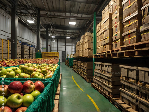 Fresh apples in crates and stacked boxes in a warehouse fruit produce