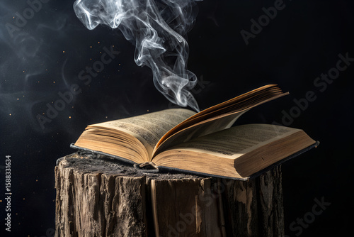 A mysterious old book rests on a tree stump as magical smoke rises from its pages. A concept of ancient wisdom, fantasy stories, and forbidden knowledge. generative ai