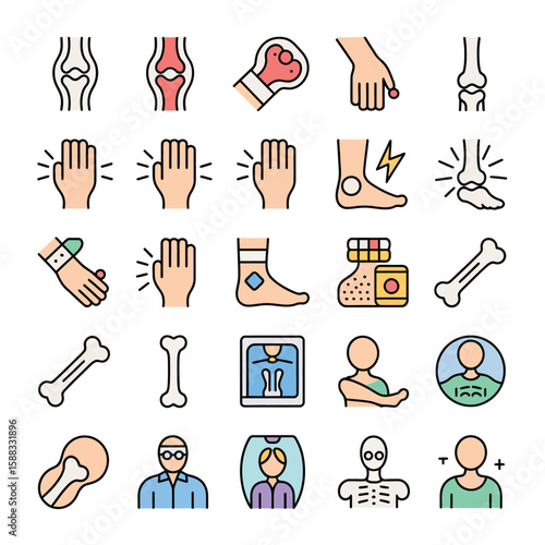 Collection of Colorful Line Icons Depicting Various Bone Fractures Injuries Joint Pains Medical Examinations and X Ray Scans Featuring Hands Feet Knees and Full Body Skeletal