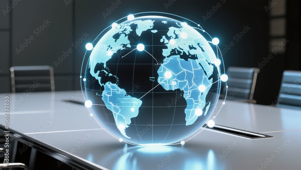 Fototapeta premium Digital Globe Model with Network Connections on Conference Table in Modern Office Environment