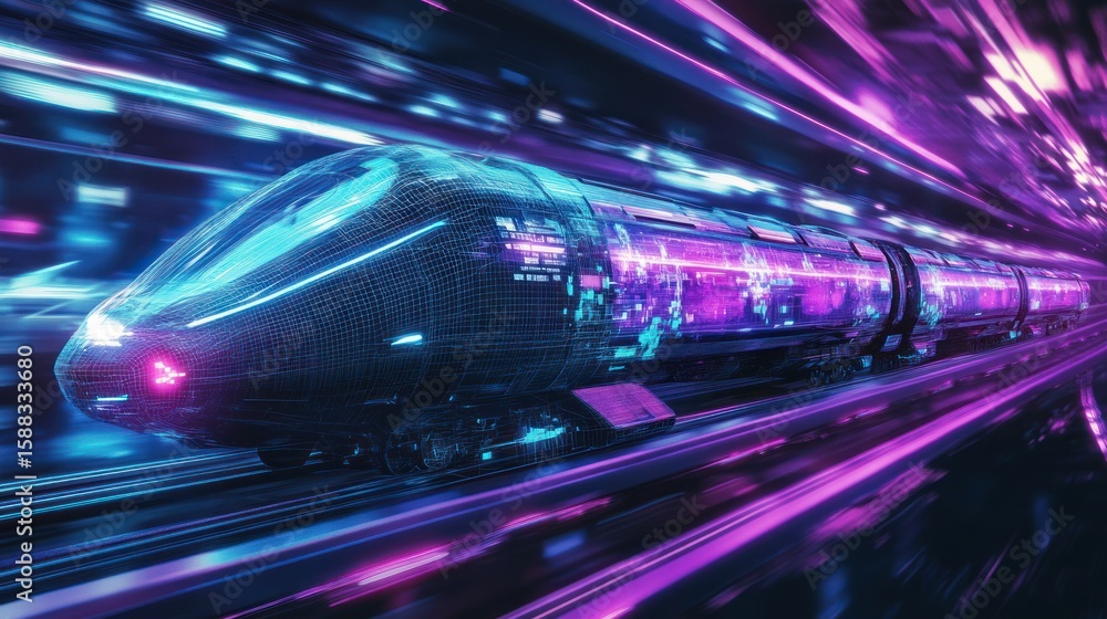 Futuristic high-speed train traveling through a neon-lit tunnel at incredible speed. Futuristic high-speed train traveling through a neon-lit tunnel at incredible speed.