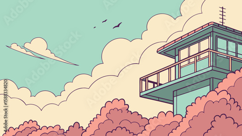 Photo of a retrostyle illustration of a building with a balcony overlooking a cloudy sky and trees