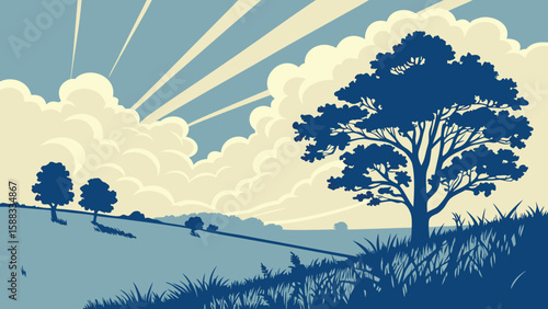 Photo of a large tree silhouetted against a dramatic sky with sun rays and clouds