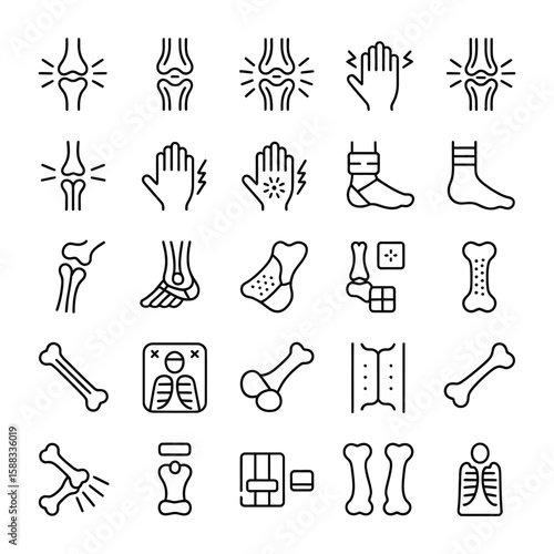 Collection of Black and White Line Art Icons Depicting Bones Joints Injuries and Medical Imaging Including Knee Joint Pain Ankle Injuries Broken Bones X Ray Images and Bone