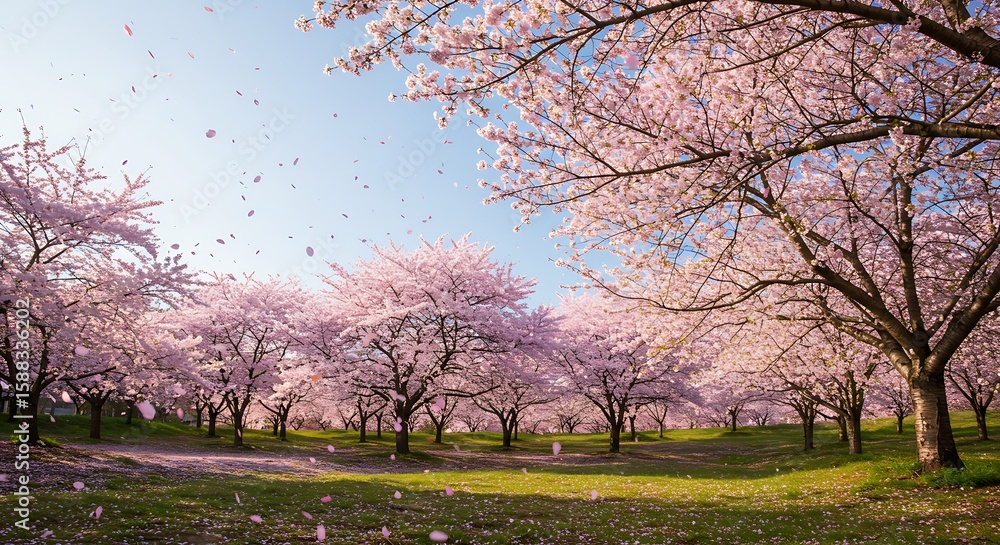 Obraz premium Scenic view of a Japanese sakura park in full bloom, with pink petals showering the green grass on a sunny day