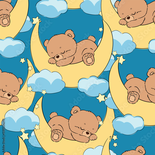 Hand Drawn Seamless pattern with teddy bears sleeping on moon and stars. Night sky baby background vector