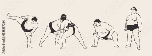 Sumo Wrestlers set. Various positions. Japanese traditional martial art, combat sport activity concept. Hand drawn trendy Vector illustration. Isolated design elements. Sticker, logo, print templates