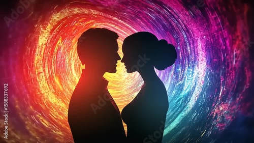 Silhouetted couple in an abstract cosmic swirl, symbolizing love and connection in a vibrant setting