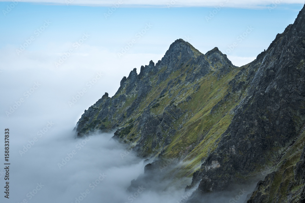 Fototapeta premium Mountain peak above the clouds, mountain landscape.