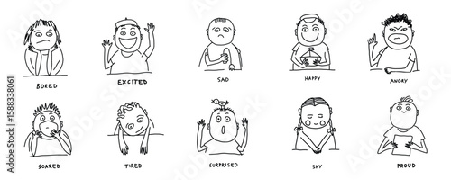 Basic Emotion Faces for Kids – Hand-Drawn SEL Icons with Labels