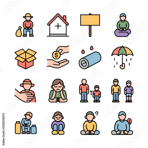 Colorful Vector Icons Set Depicting Charity Donation Aid Support Homeless Poverty Children Family Help Shelter Umbrella Money Box Sadness