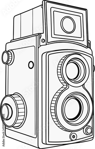 Classic twin lens reflex camera graphic featuring a clean line art style for designs