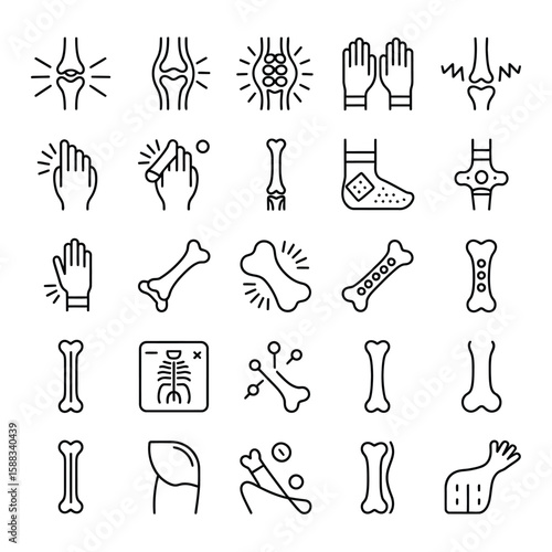 Collection of Black and White Line Art Icons Depicting Bones Joints Injuries and Medical Treatments Including X Ray Images and Compression Bandages