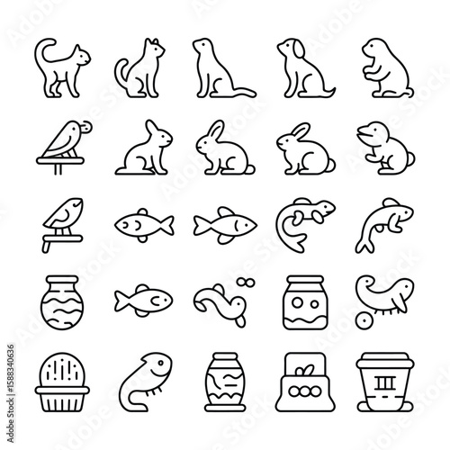 Collection of Thirty Black Line Icons Depicting Various Pets and Aquarium Animals Including Cats Dogs Rabbits Birds Fish and Accessories Such as Fish Tanks Food Containers and Cages