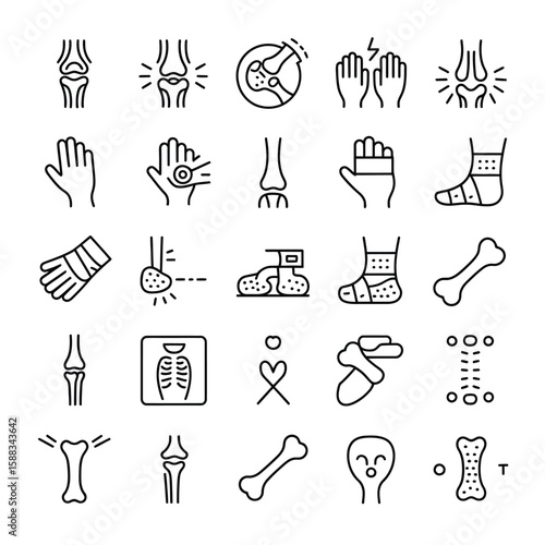 Collection of Black Line Icons Depicting Various Bone Fractures Joint Pains and Injuries Including Hands Knees Feet Ankles and X Ray Image