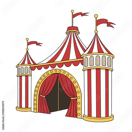 Cartoon circus tent with towers and red curtains, striped big top illustration with flags isolated on white background