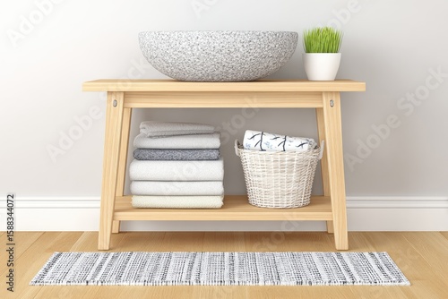 Wooden washstand with stone basin and towels