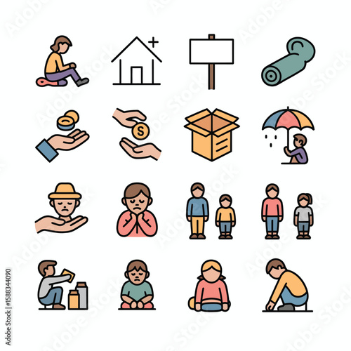 Colorful Vector Icons Depicting Poverty Homelessness Charity and Donation Diverse Children Adults Seeking Help Empty Box Umbrella Rain Sad Expressions Hands Giving Money Coins Food